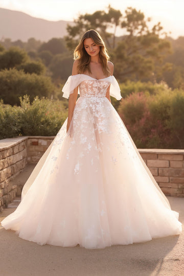 Off The Shoulder Ivory Romantic Bridal Gown Dress With Appliques